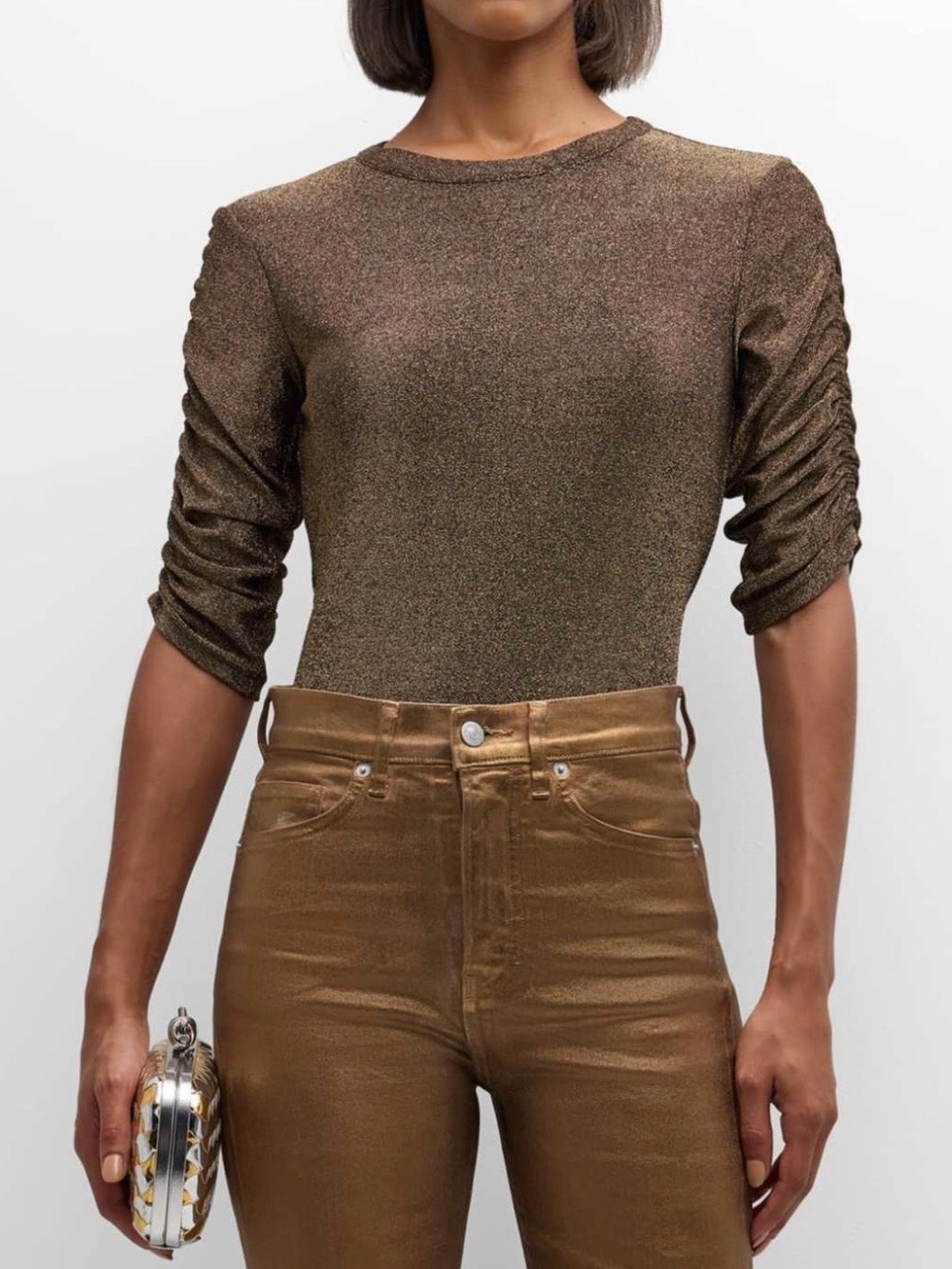 Veronica Beard Waldorf Tee- Metallic Gold Crewneck Top with Ruched Sleeves